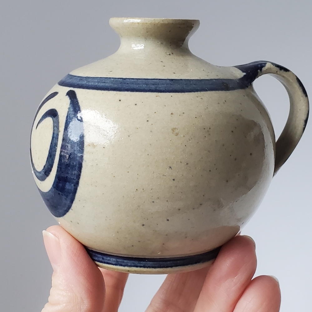 Signed Studio Pottery Jug Vase 3.5" Blue Handpainted Design EUC